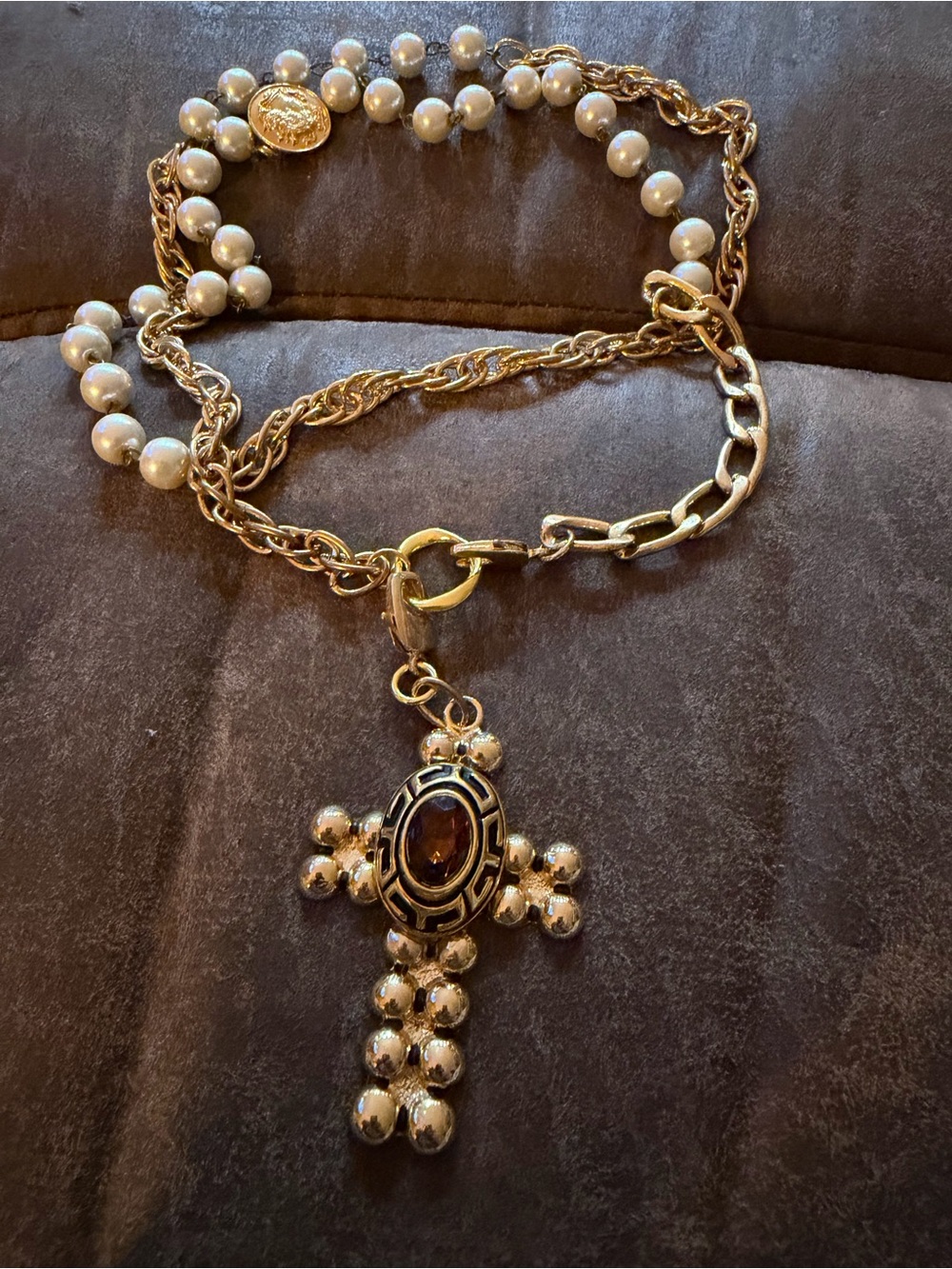 Vintage Gold and Pearl Cross Pendant Necklace with Amber Center